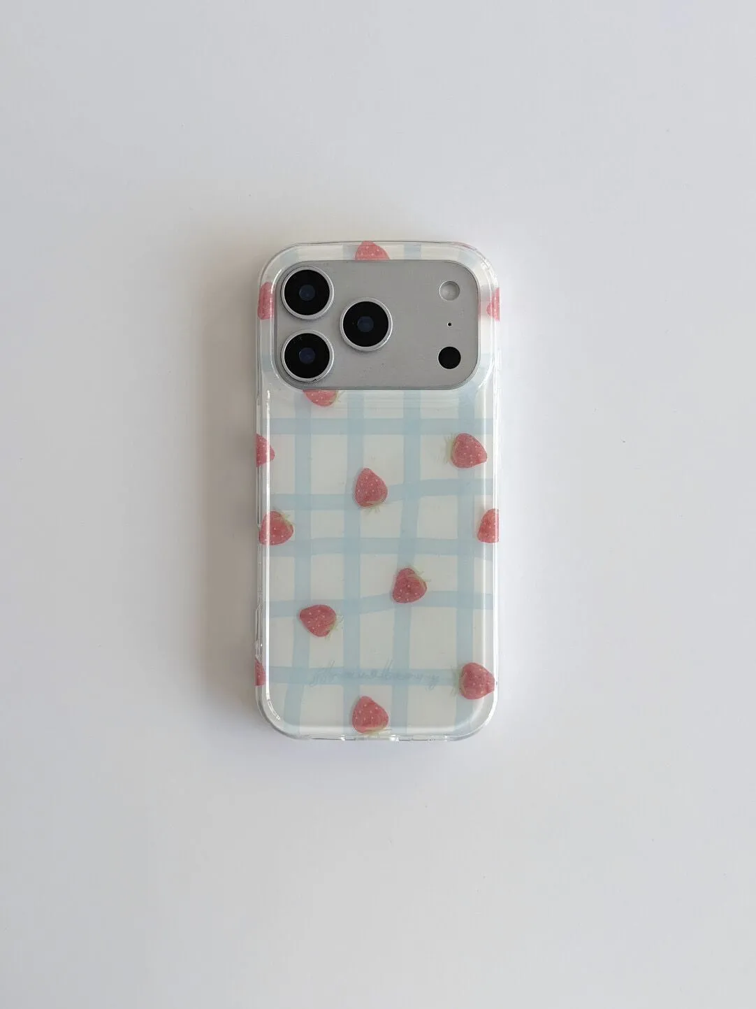 Fresh Blue Grid Pattern Strawb - Phone Cases Blue 리뷰 및 가격
